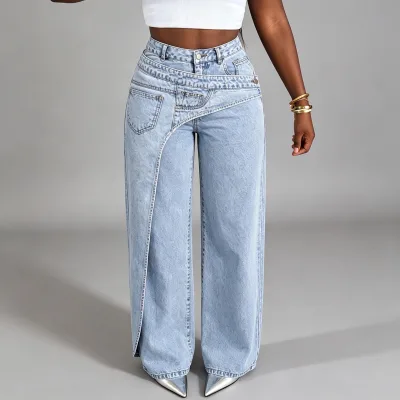 2026 New Women's Washed Ruffle Hem Wide Leg Jeans High Waist Asymmetric Diagonal Design Casual Denim Pants Custom OEM ODM