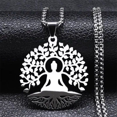 Buddhism Meditation Tree Of Life Pendant Necklace For Women Men Stainless Steel Gold Color Buddha Yoga Love Male Chain Necklace