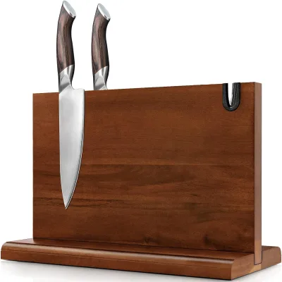 Eco-friendly Double Sided Magnetic Knife Holder for Kitchen Counter Acacia Wood Magnetic Knife Storage Stand With Sharpener