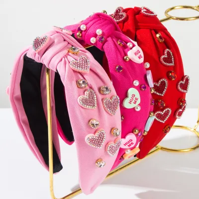 New Valentine's Day Knot Headbands Pink Heart Shaped Pattern Headbands Sweet Hair Accessories for Women Girls