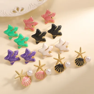 Wholesale Stainless Steel Summer Holiday Jewelry Fashion Gold Plated Cherry Shell Stars Stud Earrings for Women