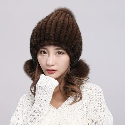 Handmade Knitted Mink Fur Hats fox Fur Pom Pom Winter Hats Lady Real Fur Hats