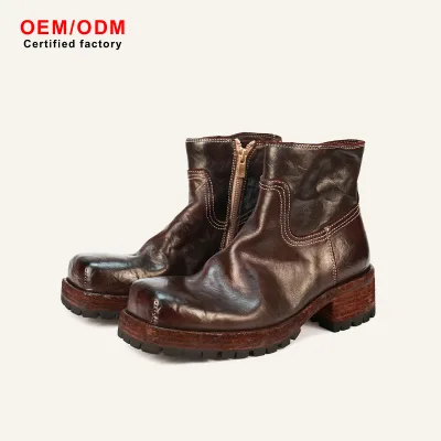 Premium Women Washed Horse Leather Ankle Boots Platform Lug Sole Square Toe Contrast Stitch Goodyear Welted Office Siren Vintage