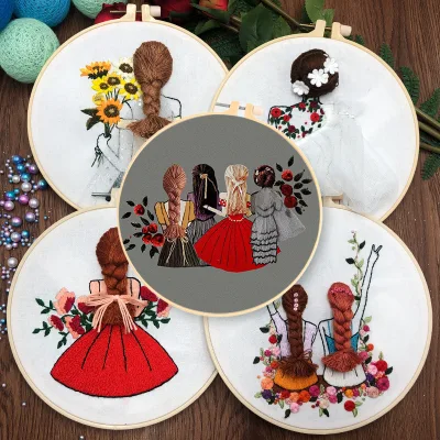Hand Beginner Embroidery Kit with Pattern Girl Hair Friendship Cross Stitch Starter Kit