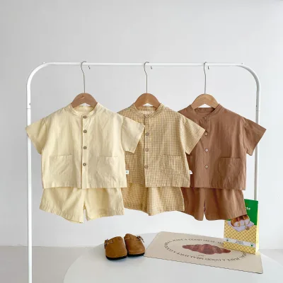 2024 New Summer Kidsren's Korean Style Solid Pattern Cotton Thin Short-Sleeved Suit Casual Two-Piece Set for Home & Outdoor Wear