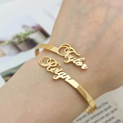 Custom Two Name Bangle Bracelet Personalized Couple Bracelet Engraved Matching Jewelry Romantic Gift for Lovers