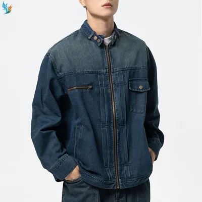 High Quality Oversize Print Pattern Casual Style Multi-Pocket Washed Vintage Denim Jacket