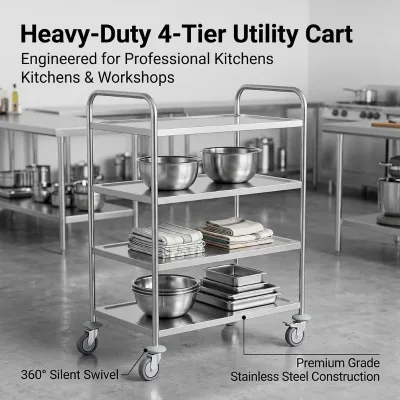 Four Tier Stainless Steel Utility Trolley 4 Shelf Rolling Cart with Push Handle Industrial Brake Casters High Capacity