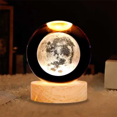 Luxurious Modern Design Crystal Tabletop Solar Lamp Carved Wooden Base Custom Size Children's Birthday Gift Featuring Crystal