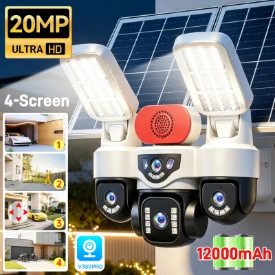24/7 Video Recording 20MP Four Screens 4G / WiFi Solar Outdoor Surveillance Camera 4G SIM Solar CCTV Ai Humanoid Tracking