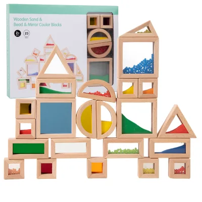 High Quality Creative Kids Sensory Blocks Sand Bead Mirror Wooden Rainbow Stacking Blocks Acrylic Sensory Blocks