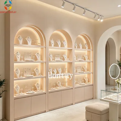 Modern Arched Top LED Lit MDF Retail Display Cabinet with 5 Tier Shelves for Luxury Shopping Mall & Boutique Store Decor