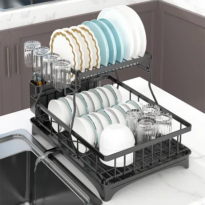Removable Standing Type 2-tier Cutlery Holder Dish Rack Dish Drainer Kitchen Storage Eco-Friendly Home Organization Carbon Steel
