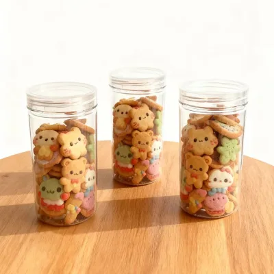 Clear Plastic PET Jar with Aluminum PP Caps for Food Packaging for Nuts Biscuits Chewing Gum & Hamburger
