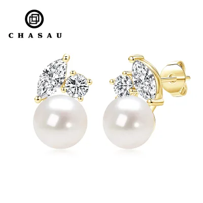 Wholesale Price 8.5-9mm Bread-shaped Freshwater Pearl Simple Daily Double Stone Stud Earrings Fashion Jewelry