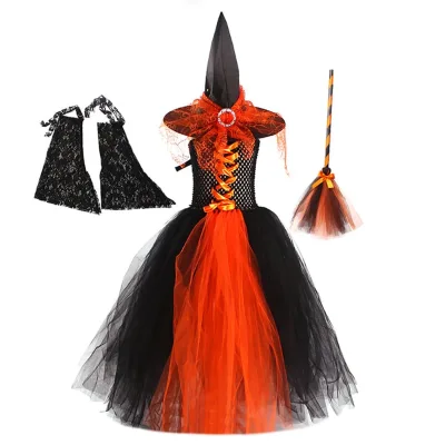 Halloween Girl Fancy Wizard Cosplay Dress up Witch Costume Scary Witch Dress with Bat Sleeve Witch Hat Broom Role Play Dress