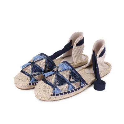 2024 Custom Factory Summer Espadrilles Beads Tassel Grass Canvas Foot Hemp Sole Female Woven Cross Strap Customized Espadrilles