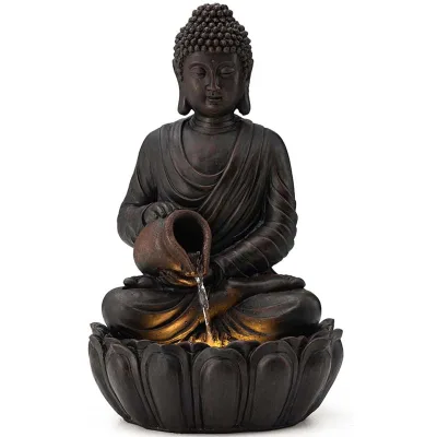 Buddha Fountain Outdoor 2 Tier Zen Style Buddha Water Fountains with Pump & LED Light, Buddha Fountains and Waterfalls