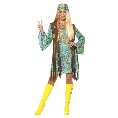 Women Hippie Costume Set 60s Retro Dress Bandana Vest Halloween Party Costume Accessories