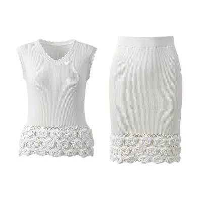New Designed Summer Hollow Solid Crochet Flowers Suit V-neck Sleeveless Tops Slim Mid-Calf Skirt Women Knit Set