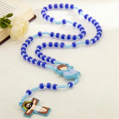 Wholesale Lovely Silicone Jesus Charms Children Prayer Catholic Rosary Gifts Pink Blue Plastic Beads Kids Rosary Necklace