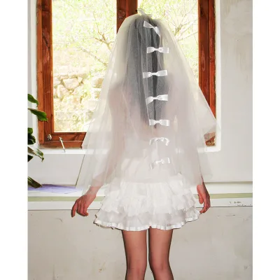 French-style Elegant White Bow Appliqued Ribbon Edge Veil fairy Romantic Photo Prop Bridal Hair Accessory