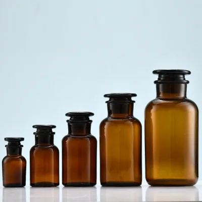 Custom 60ml 125ml 250ml 500ml Amber Brown Narrow Wide Mouth Reagent Bottle Vintage Glass Apothecary Jar With Glass Stopper