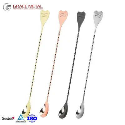 Modern Eco-Friendly Stainless Steel Long Handle Bar Muddler with Strainer Tail End Spiral Pattern