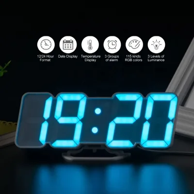 3D Wireless Remote Digital Alarm Clock USB Powered Temperature Date Display RGB LED 3-Level Brightness Sound Control Wall Clock