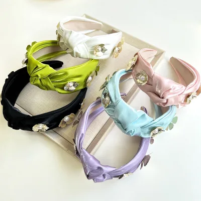 Metallic Three-Dimensional Flower Silk Satin Personalized Knotted Headband for Women'S Hair Accessories