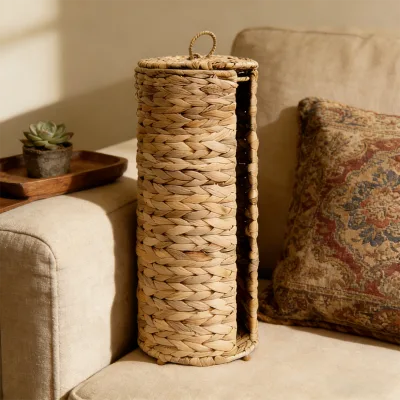 Water Hyacinth Bathroom Storage Basket Independent Lid Vertical Toilet Paper Holder for 3 Extra Rolls Spare Storage Basket