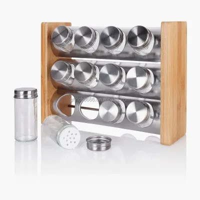 OEM bamboo countertop spice rack organizer kitchen storage Spice rack with bamboo wood holder spices jars set with rack