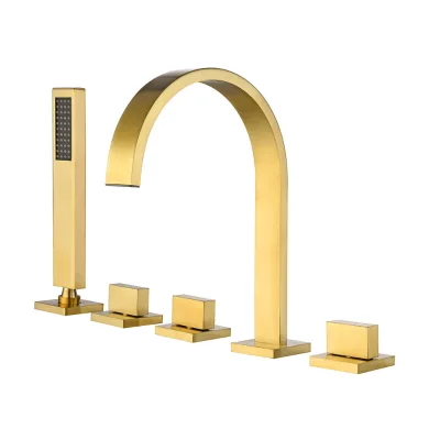 Five Hole Soaking Tub Faucet with High Arc Square Arch Spout Square Push Levers Diverter and Stick Handshower Gold Bahtub Tap