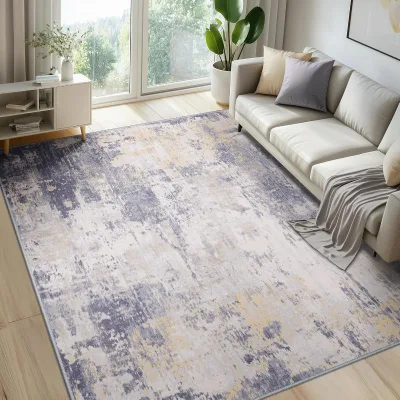 Washable Polyester Rectangular Area Rug Non-slip Soft Low Pile Machine Print Grey Made Modern Abstract Indoor Use Pattern Purple
