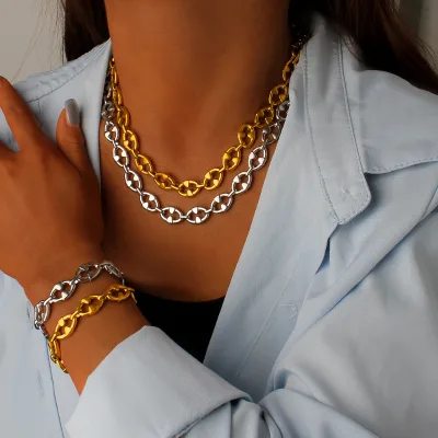 INS 18K Real Gold Plated Stainless Steel Oval Pig Nose Jewelry Set Pig Nose Link Chain OT Buckle Necklace Bracelet for Women