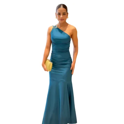 Lady Elegant Slanted Collar Pleat Skinny Dress Sexy Sleeveless Backless Hollow Slim Dress Fashion  Solid Long Dress