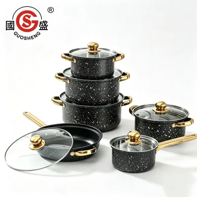 12Pcs Granite Non Stick Cookware Set Black Marble Coating Stainless Steel Cooking Pot Set Soup Milk Frying Pan Kitchen Pots