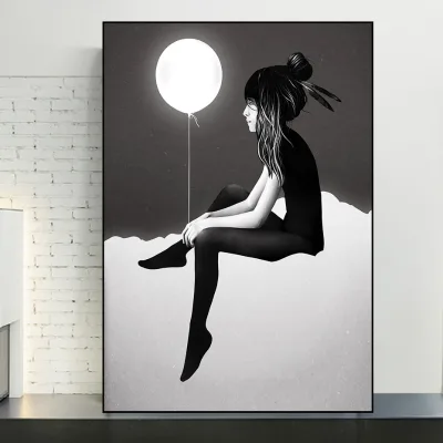 Art Painting Black and White Abstract Wall Decoration Nordic Girl Canvas Painting for Living Room