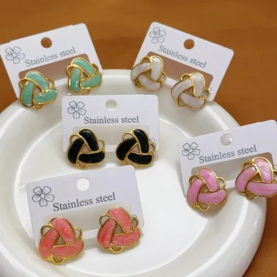 Retro Enamel Oil Drip Geometric Stud Earrings Court-style French Fashion Stainless Steel Muti -Color Earrings