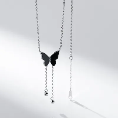 925 Sterling Silver Black Butterfly Bead Choker Necklace Tassel Fine Jewelry Necklace Advanced Necklaces for Women Wholesale