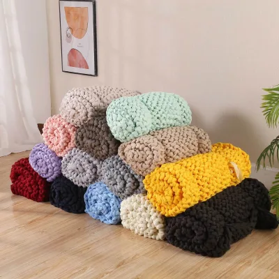 Handmade 100% Cotton Jersey Knitted Blankets Queen Size Ornament Sofa Blanket Portable Knitted Weighted Blanket Decorative