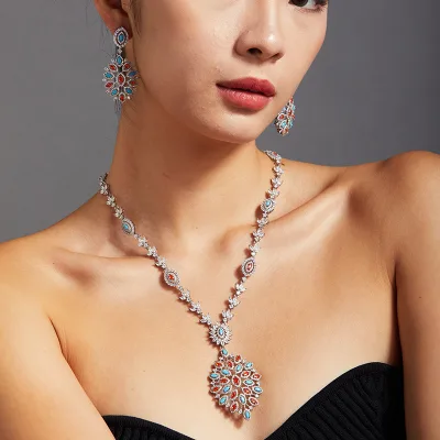 SHIYOUYOU European American Fashion Blue Turquoise Zircon Necklace Earring 18K Gold-plated Claw Setting Oval Pendant High-end