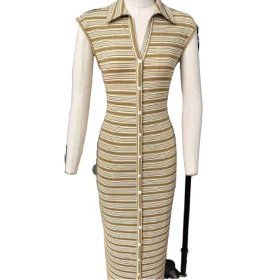 2025 New Fashion Designer Women's Dresses High Quality Soft Striped Cotton Casual Style Placket Button Pencil Silhouette Natural