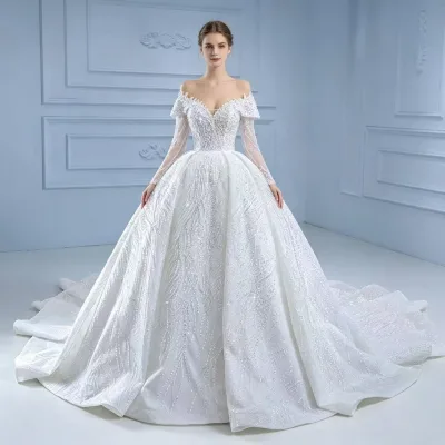 Customized Bling Off Shoulder Long Sleeve Bridal Sequins Ball Gown Wedding Dress NYA20261