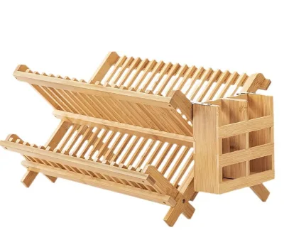 Double-layer Bamboo Dish Drying Rack, Foldable Kitchen Tableware Storage Holder