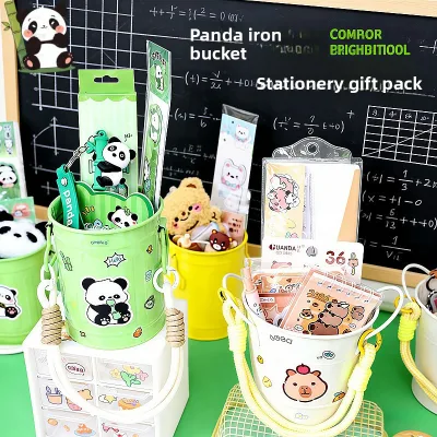 Cute Cartoon Panda Series Iron Bucket Stationery Set Happy Graduation Gift for Elementary School Students Study Supplies Small
