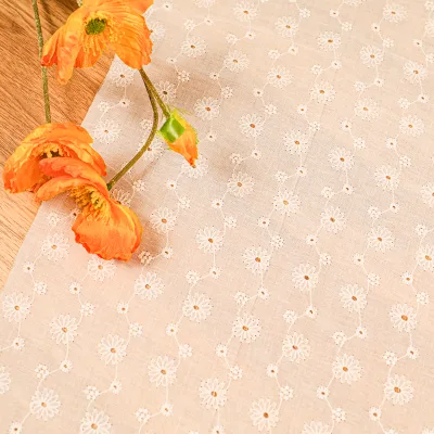 100% Cotton Knitted Eyelet Fabric with Daisy Embroidery Lightweight Breathable Fabric for Girls Clothing & Home Decor