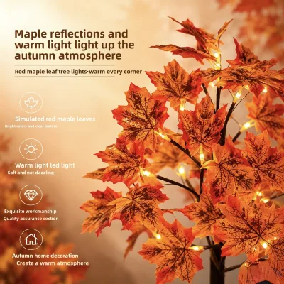 Red Maple Leaf LED Plastic Artificial Tree Light-Warm White USB/Battery Powered 60cm Length-Thanksgiving & Christmas Home Decor