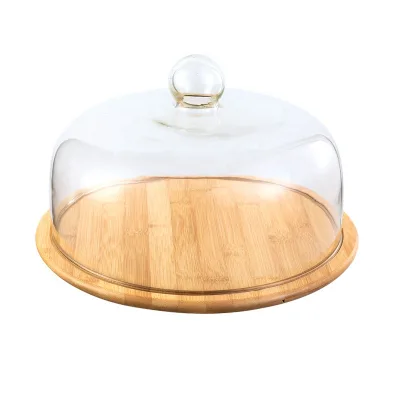 Bamboo Cake Holder With Dome Wood Cake Stand With Glass Dome for Wedding Birthday Cake Display Server Tray for Kitchen