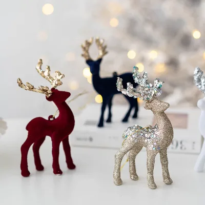 Christmas Reindeer Ornament Christmas Tree Decoration Glitter-Flocked Deer Figurine PVC Fabric Modern Minimalist Stock Crafts